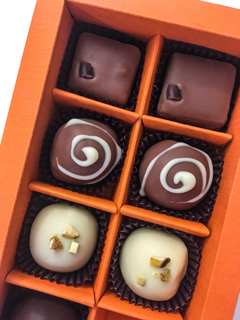 Boxed chocolate pralines